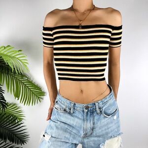 Vintage Y2K Black Striped Casual Indie Grunge Off Shoulder Knit Crop Top / S